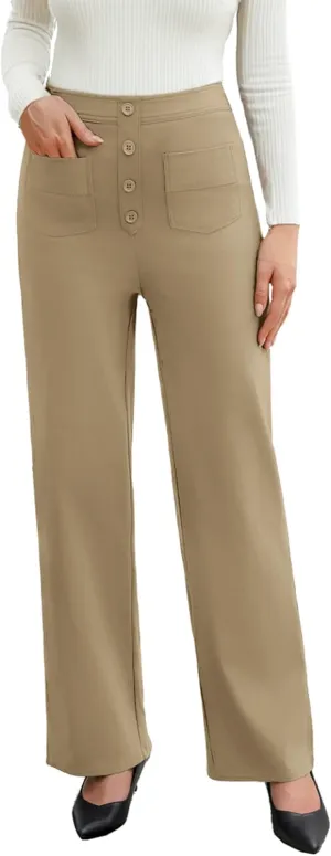 Womens High Waist Pants Stretchy Straight Leg Business Trousers Casual Button Down Work Pants with Pockets Khaki