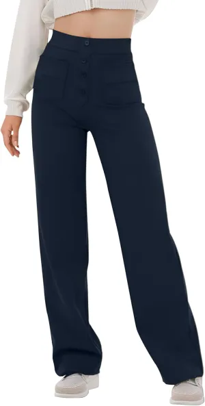 Womens High Waist Pants Stretchy Straight Leg Business Trousers Casual Button Down Work Pants with Pockets Navy Blue