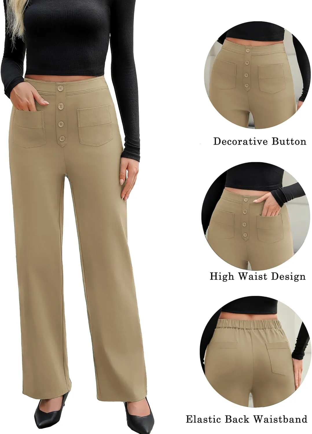 Women's High Waisted Straight Leg Pants Stretchy Business Casual Pants Button Down Work Trousers with Pockets