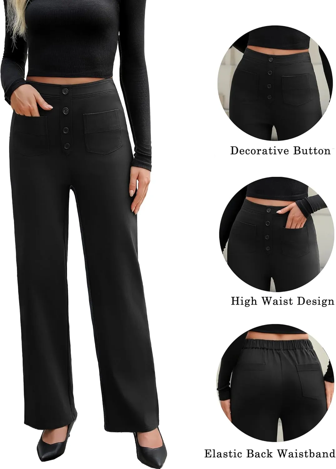 Women's High Waisted Straight Leg Pants Stretchy Business Casual Pants Button Down Work Trousers with Pockets