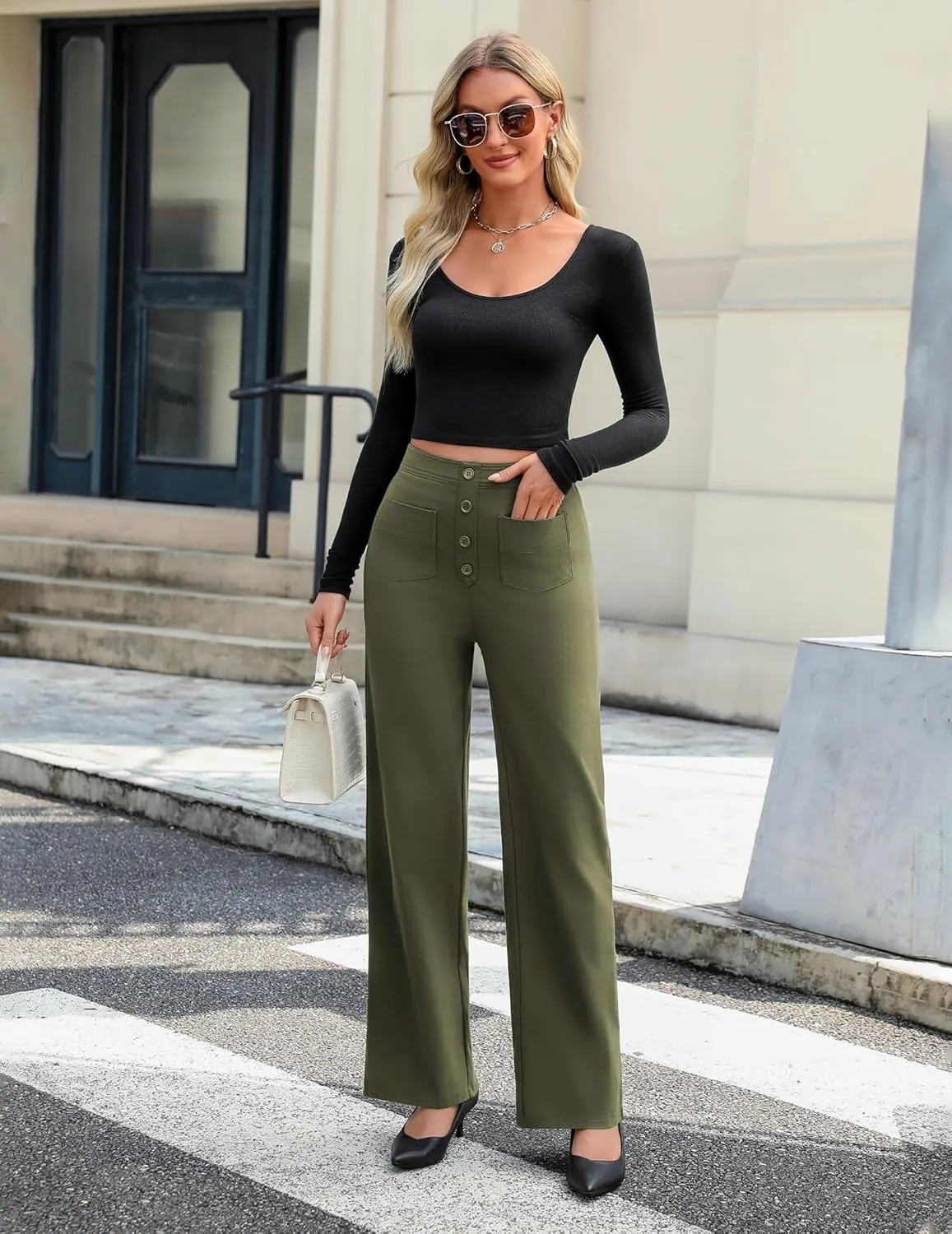 Women's High Waisted Straight Leg Pants Stretchy Business Casual Pants Button Down Work Trousers with Pockets
