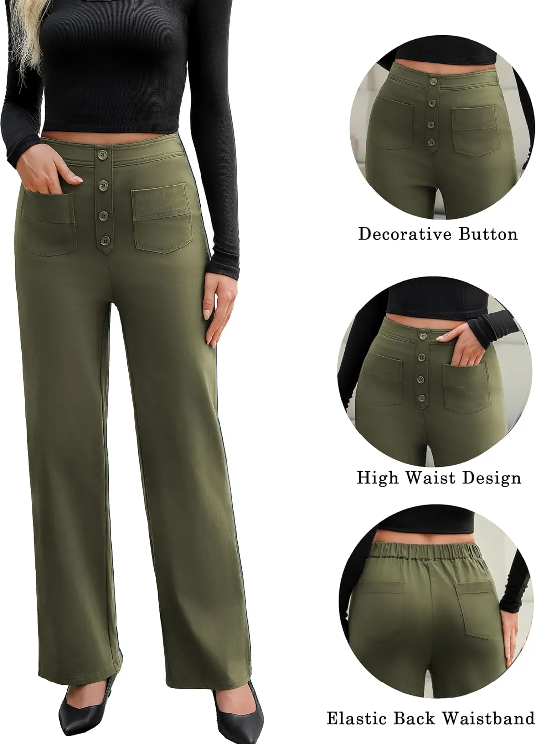 Women's High Waisted Straight Leg Pants Stretchy Business Casual Pants Button Down Work Trousers with Pockets