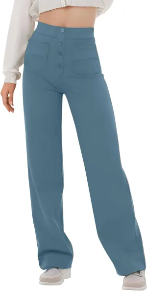 Women's High Waisted Straight Leg Pants Stretchy Business Casual Pants Button Down Work Trousers with Pockets