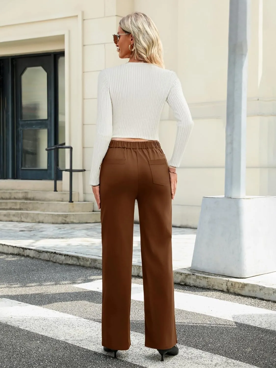 Women's High Waisted Straight Leg Pants Stretchy Business Casual Pants Button Down Work Trousers with Pockets