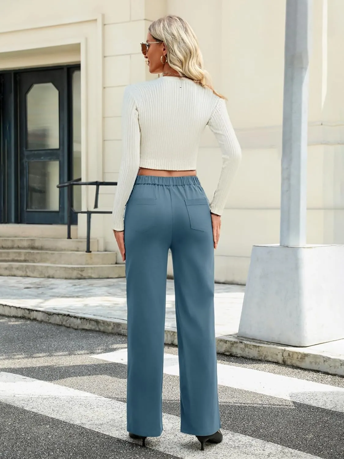 Women's High Waisted Straight Leg Pants Stretchy Business Casual Pants Button Down Work Trousers with Pockets