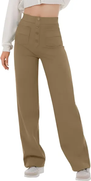 Women's High Waisted Straight Leg Pants Stretchy Business Casual Pants Button Down Work Trousers with Pockets