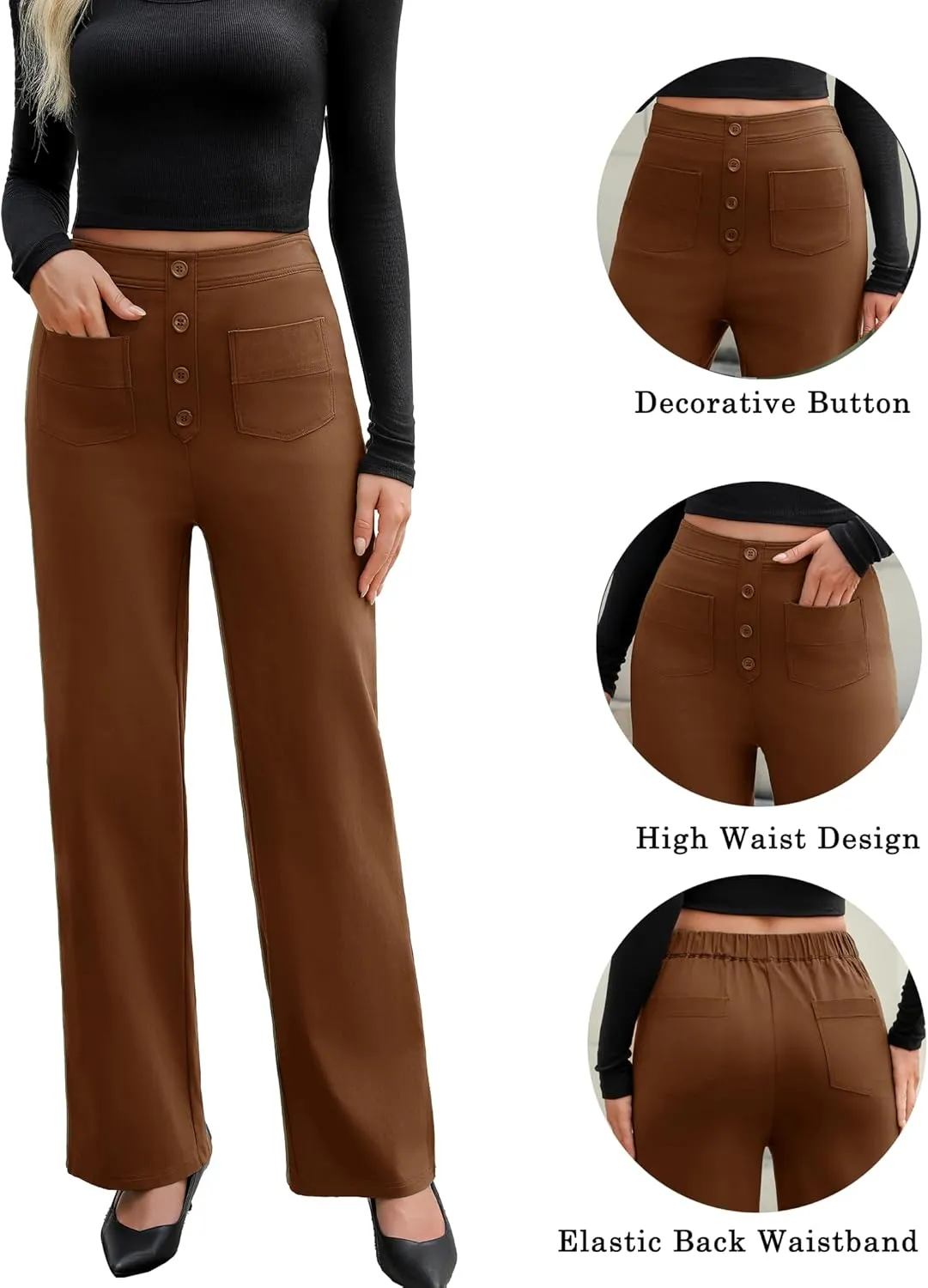 Women's High Waisted Straight Leg Pants Stretchy Business Casual Pants Button Down Work Trousers with Pockets