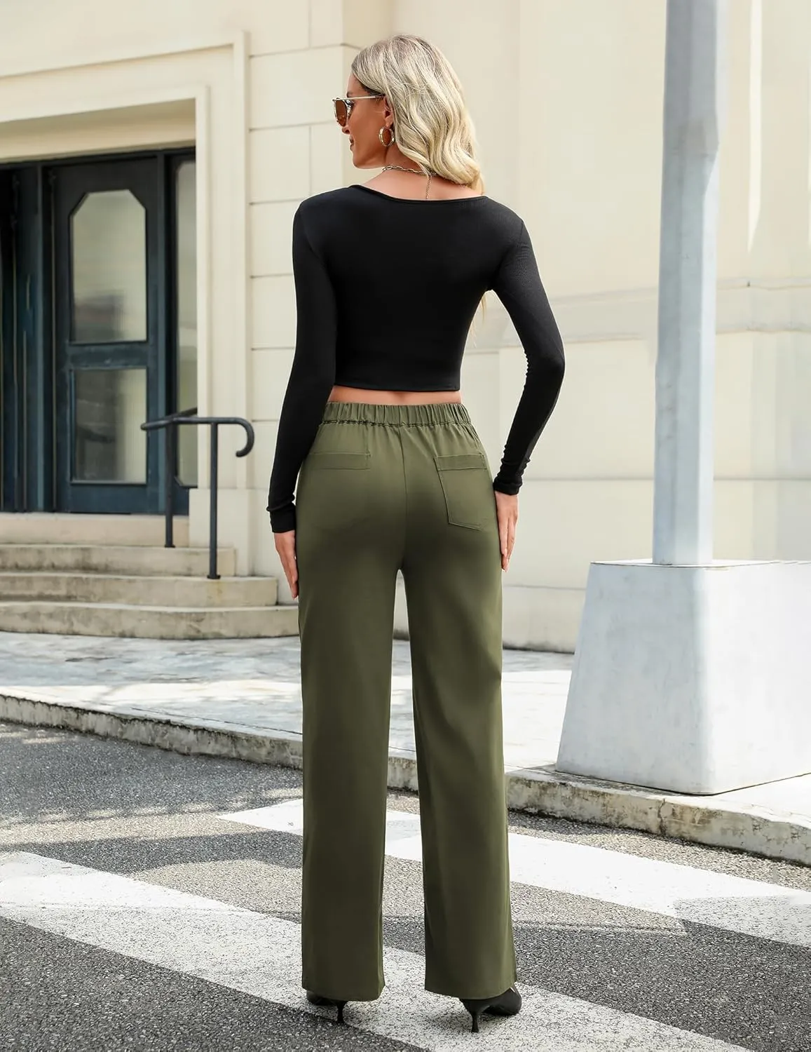 Women's High Waisted Straight Leg Pants Stretchy Business Casual Pants Button Down Work Trousers with Pockets