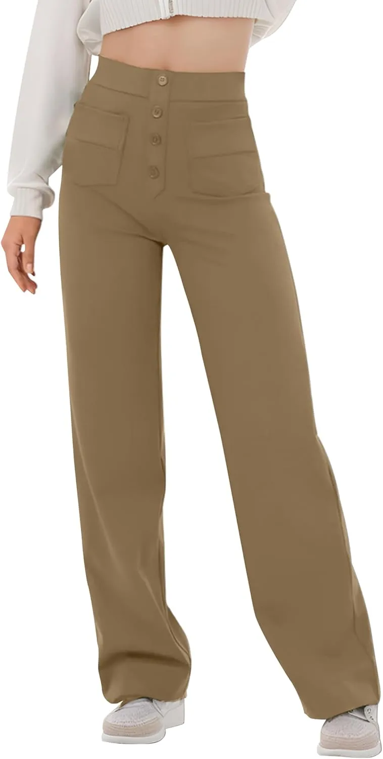 Women's High Waisted Straight Leg Pants Stretchy Business Casual Pants Button Down Work Trousers with Pockets