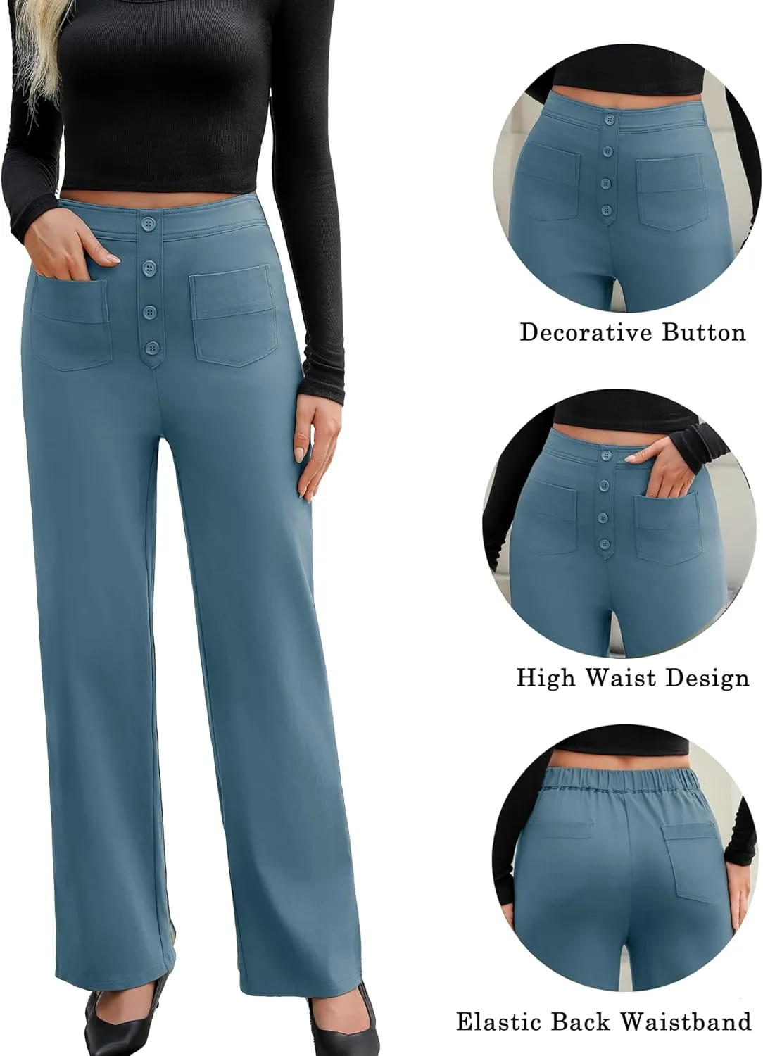 Women's High Waisted Straight Leg Pants Stretchy Business Casual Pants Button Down Work Trousers with Pockets