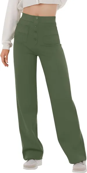 Women's High Waisted Straight Leg Pants Stretchy Business Casual Pants Button Down Work Trousers with Pockets