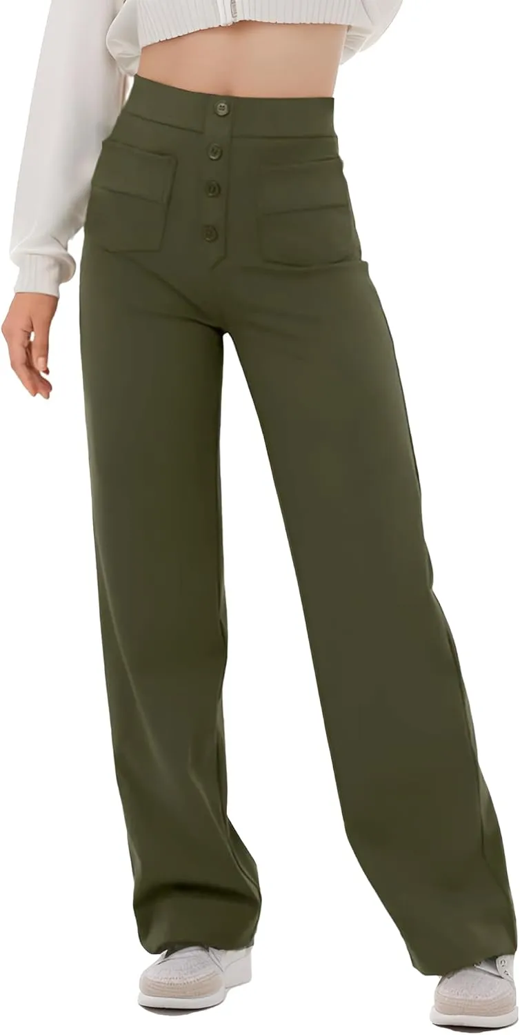 Women's High Waisted Straight Leg Pants Stretchy Business Casual Pants Button Down Work Trousers with Pockets