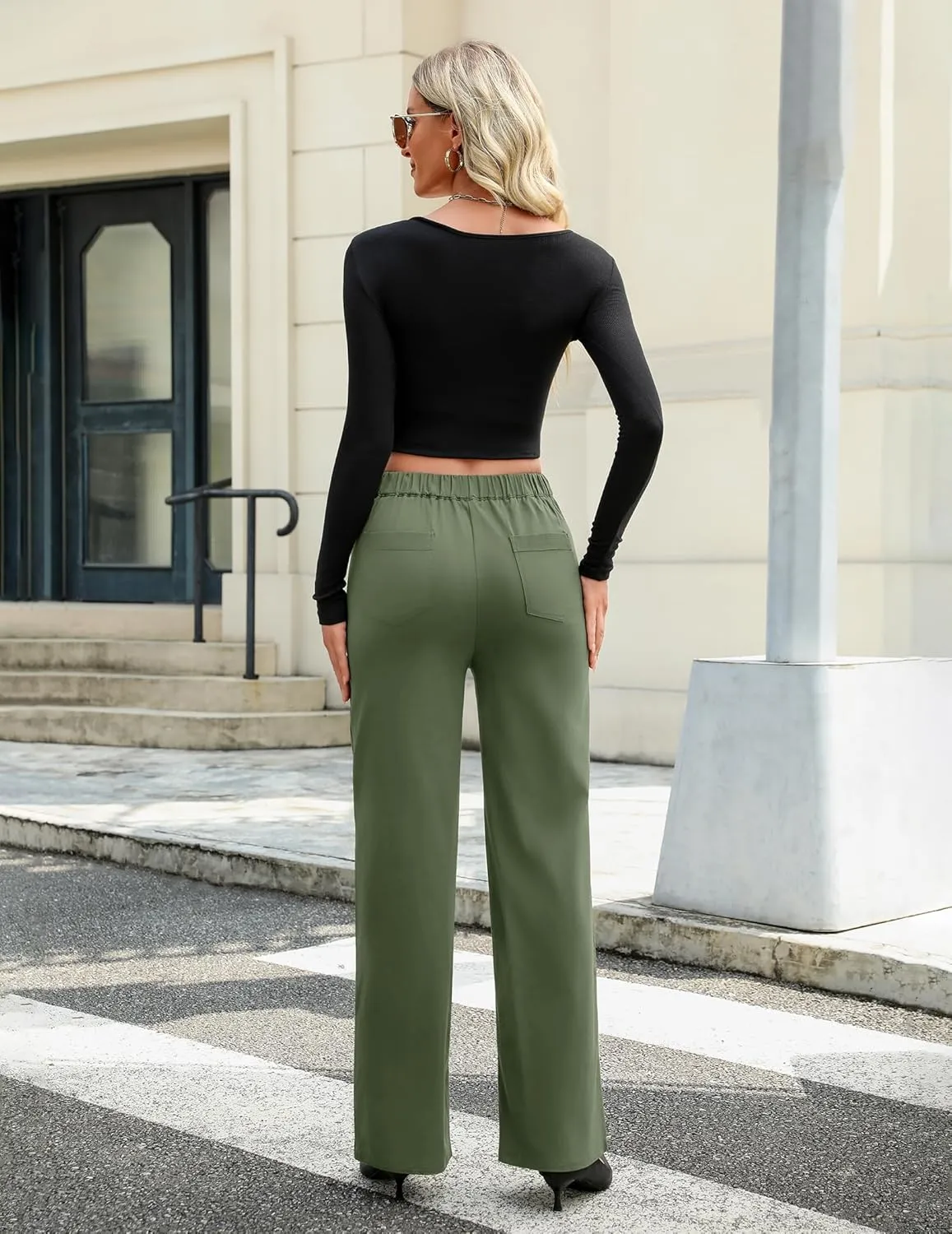 Women's High Waisted Straight Leg Pants Stretchy Business Casual Pants Button Down Work Trousers with Pockets
