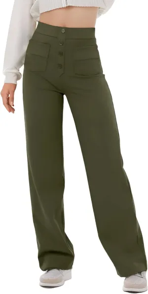 Women's High Waisted Straight Leg Pants Stretchy Business Casual Pants Button Down Work Trousers with Pockets