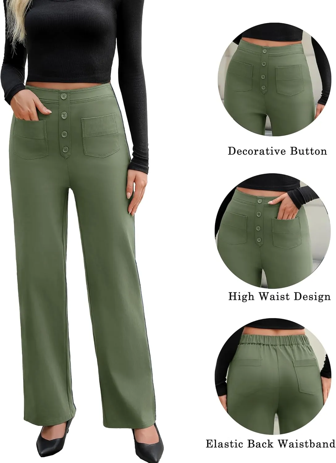 Women's High Waisted Straight Leg Pants Stretchy Business Casual Pants Button Down Work Trousers with Pockets
