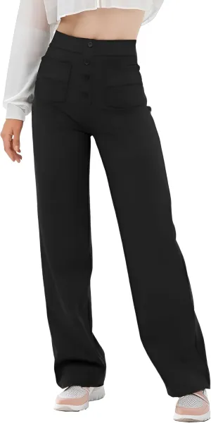 Women's High Waisted Straight Leg Pants Stretchy Business Casual Pants Button Down Work Trousers with Pockets