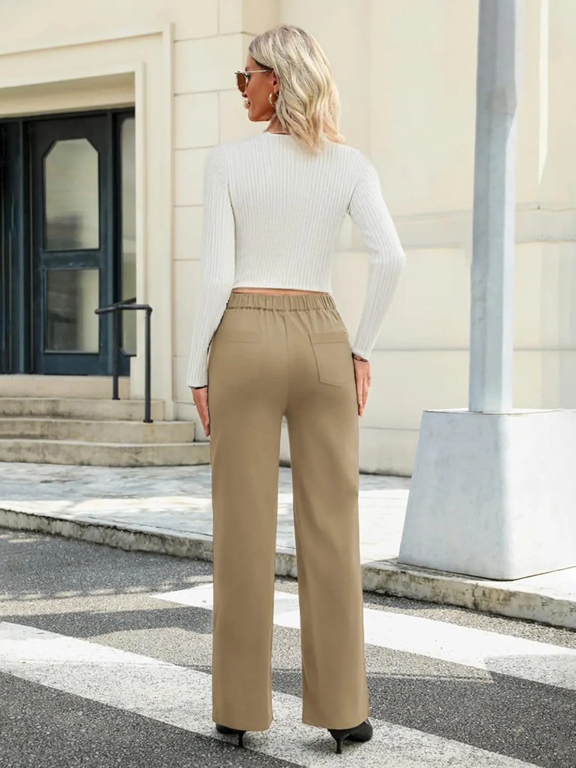 Women's High Waisted Straight Leg Pants Stretchy Business Casual Pants Button Down Work Trousers with Pockets