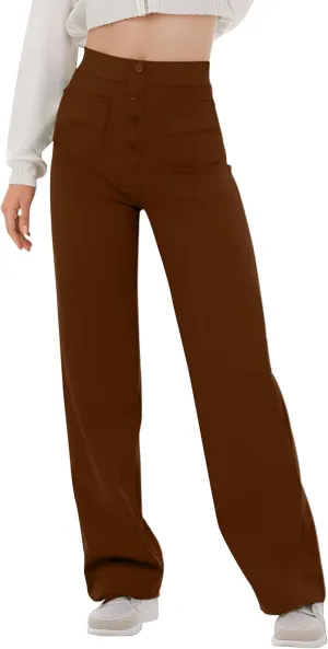 Women's High Waisted Straight Leg Pants Stretchy Business Casual Pants Button Down Work Trousers with Pockets