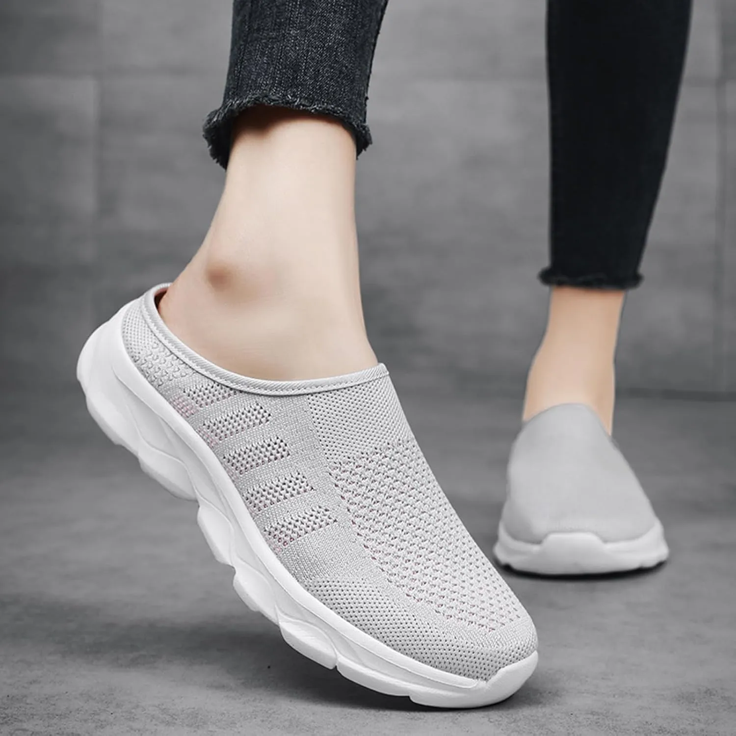 Women's Knit Mesh Hollow Slingback Lightweight Flat Mules Fashion Round Closed Toe Backless Slip On Soft Cushion Rubber Platform Non-Slip Casual Slides Sandals
