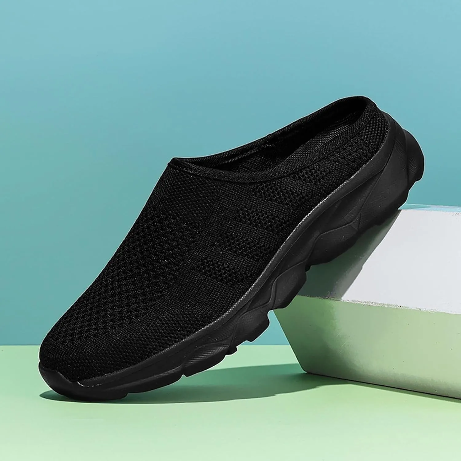 Women's Knit Mesh Hollow Slingback Lightweight Flat Mules Fashion Round Closed Toe Backless Slip On Soft Cushion Rubber Platform Non-Slip Casual Slides Sandals