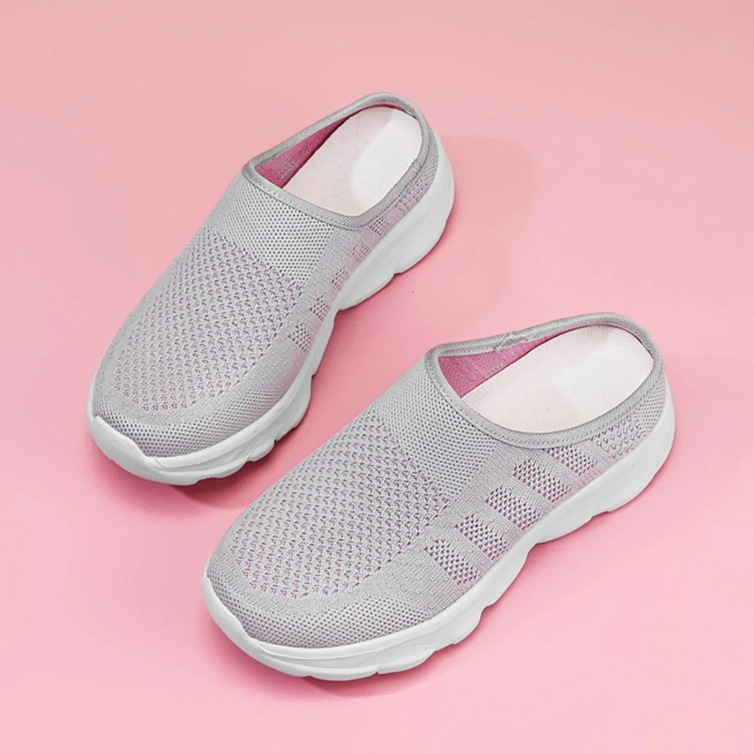 Women's Knit Mesh Hollow Slingback Lightweight Flat Mules Fashion Round Closed Toe Backless Slip On Soft Cushion Rubber Platform Non-Slip Casual Slides Sandals