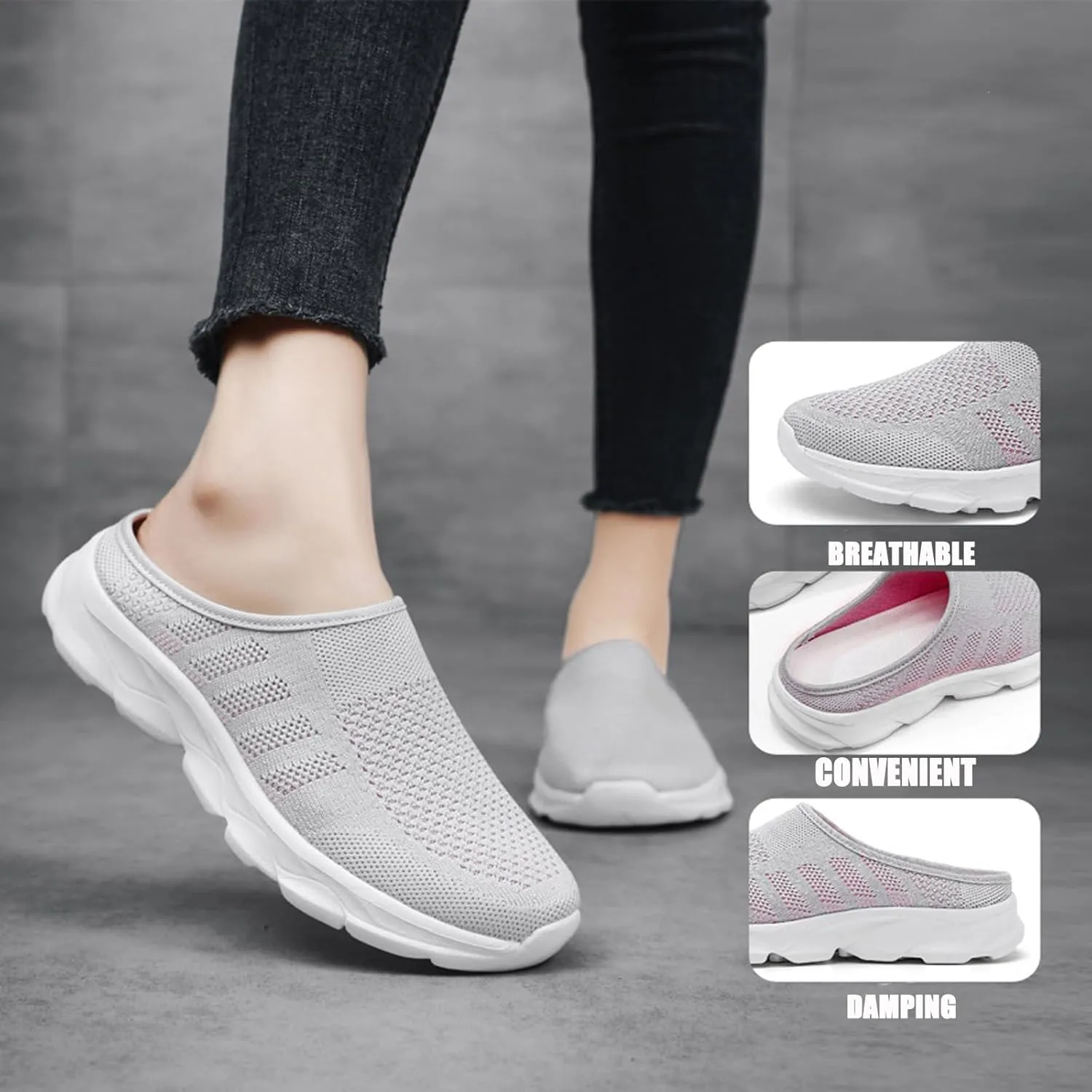 Women's Knit Mesh Hollow Slingback Lightweight Flat Mules Fashion Round Closed Toe Backless Slip On Soft Cushion Rubber Platform Non-Slip Casual Slides Sandals