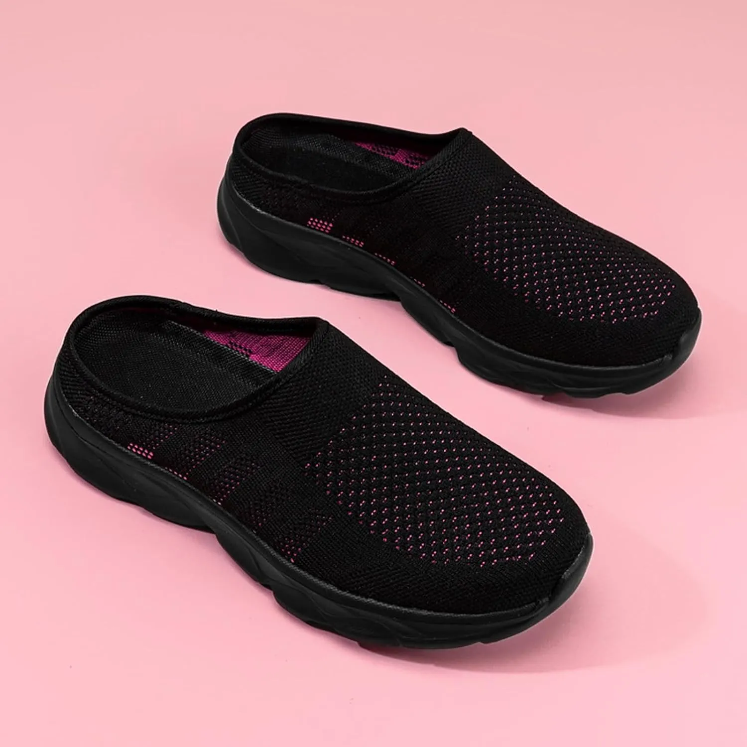 Women's Knit Mesh Hollow Slingback Lightweight Flat Mules Fashion Round Closed Toe Backless Slip On Soft Cushion Rubber Platform Non-Slip Casual Slides Sandals