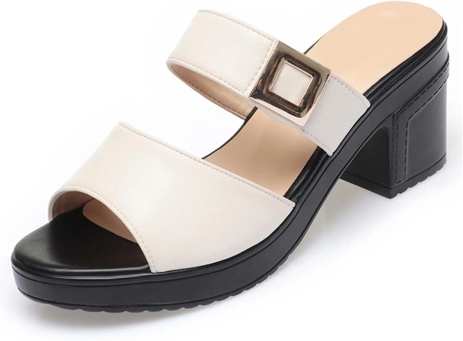 Women's Leather Fish Mouth Chunky High Heels Slippers Summer Fashion Wide Strap Open Toe Comfortable Breathable Slip On Metal Buckle Decor Wedge Dress High Heeled Sandals