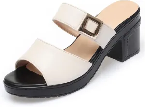 Women's Leather Fish Mouth Chunky High Heels Slippers Summer Fashion Wide Strap Open Toe Comfortable Breathable Slip On Metal Buckle Decor Wedge Dress High Heeled Sandals