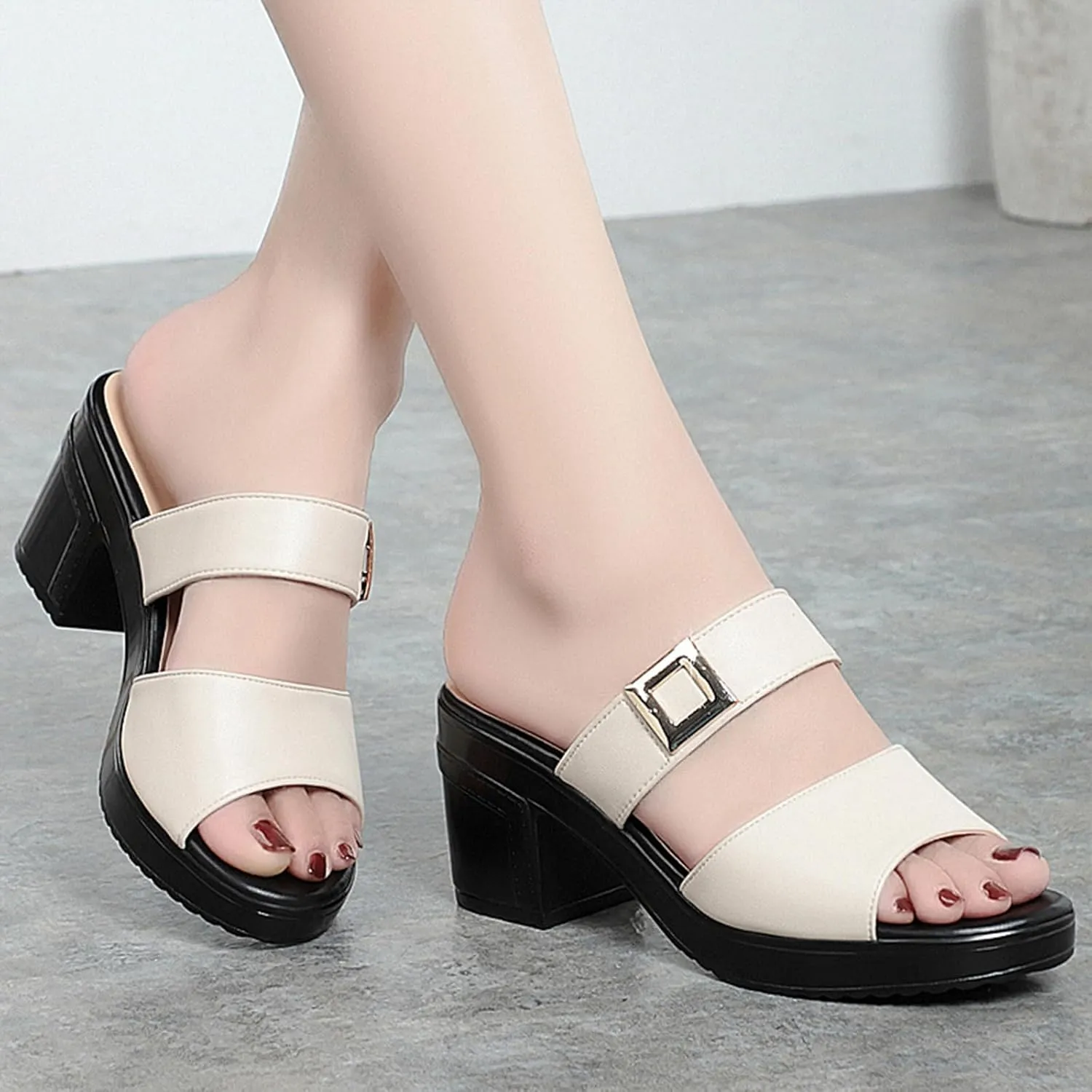 Women's Leather Fish Mouth Chunky High Heels Slippers Summer Fashion Wide Strap Open Toe Comfortable Breathable Slip On Metal Buckle Decor Wedge Dress High Heeled Sandals