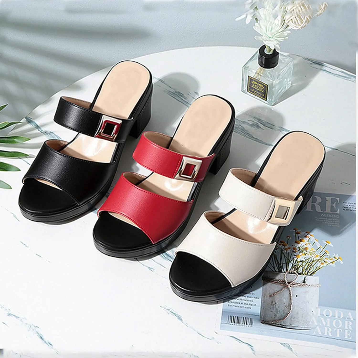 Women's Leather Fish Mouth Chunky High Heels Slippers Summer Fashion Wide Strap Open Toe Comfortable Breathable Slip On Metal Buckle Decor Wedge Dress High Heeled Sandals