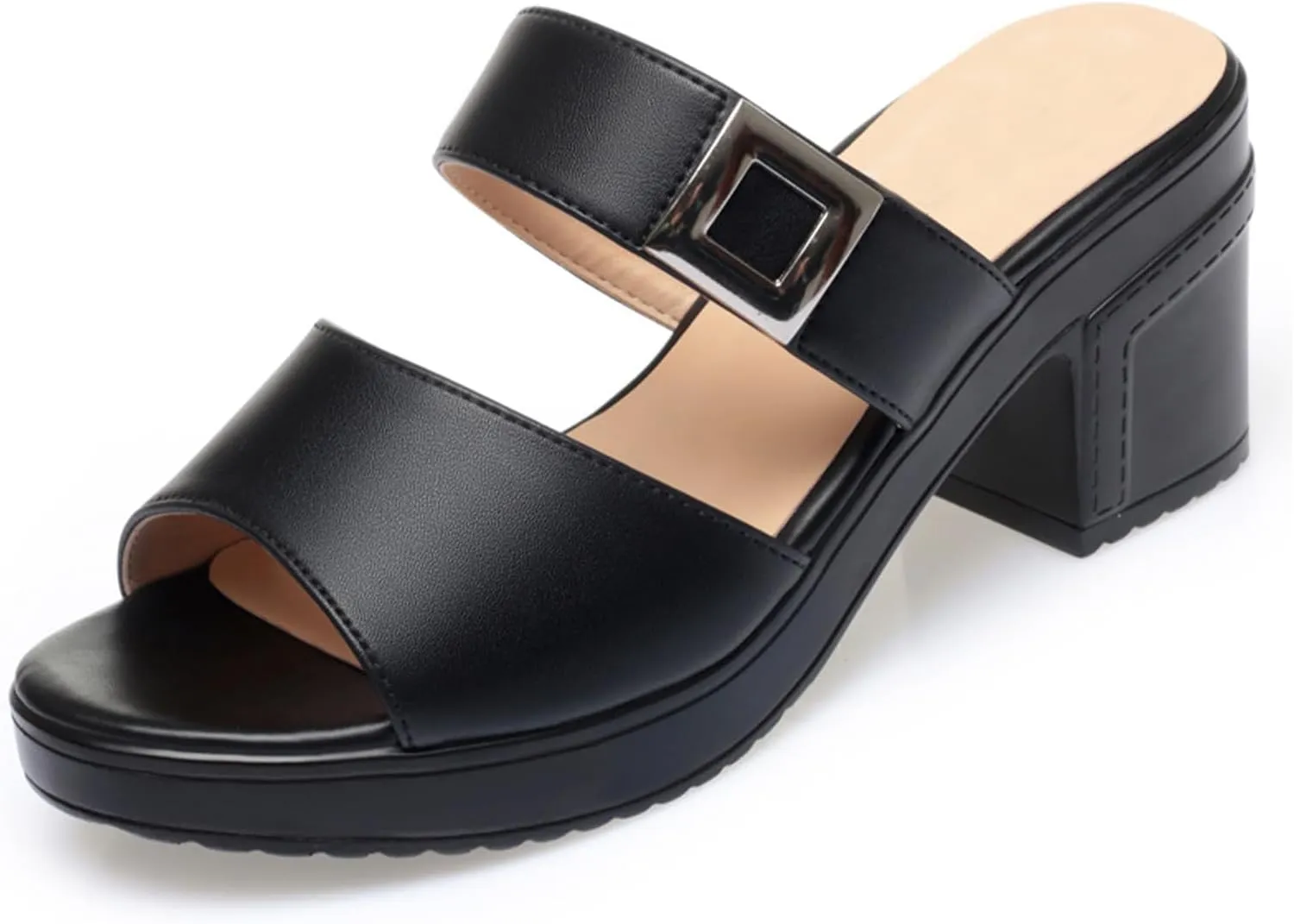 Women's Leather Fish Mouth Chunky High Heels Slippers Summer Fashion Wide Strap Open Toe Comfortable Breathable Slip On Metal Buckle Decor Wedge Dress High Heeled Sandals