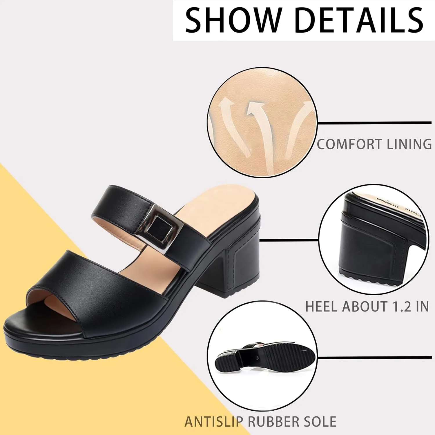Women's Leather Fish Mouth Chunky High Heels Slippers Summer Fashion Wide Strap Open Toe Comfortable Breathable Slip On Metal Buckle Decor Wedge Dress High Heeled Sandals