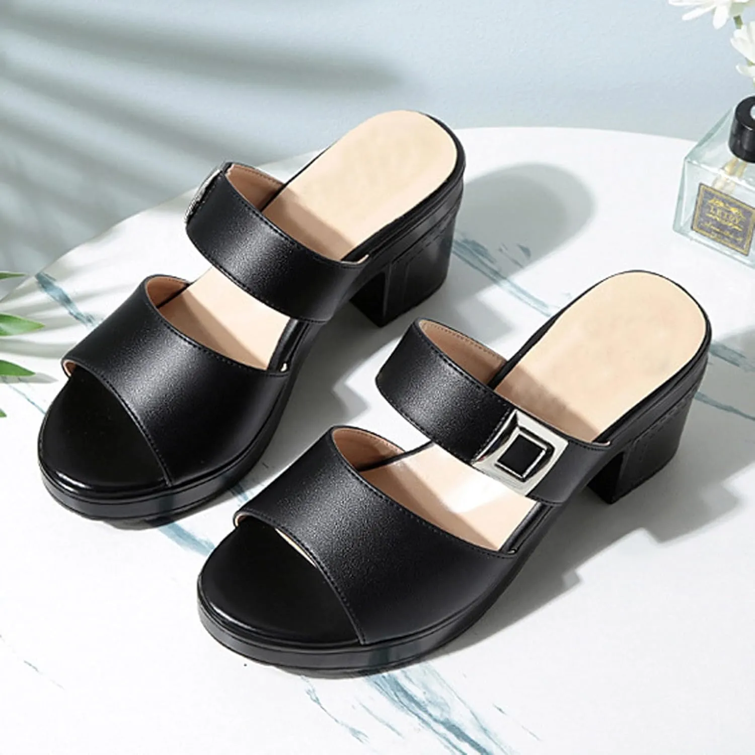Women's Leather Fish Mouth Chunky High Heels Slippers Summer Fashion Wide Strap Open Toe Comfortable Breathable Slip On Metal Buckle Decor Wedge Dress High Heeled Sandals