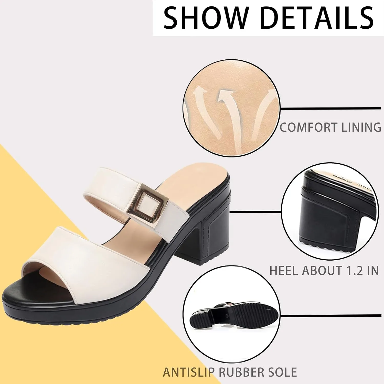 Women's Leather Fish Mouth Chunky High Heels Slippers Summer Fashion Wide Strap Open Toe Comfortable Breathable Slip On Metal Buckle Decor Wedge Dress High Heeled Sandals