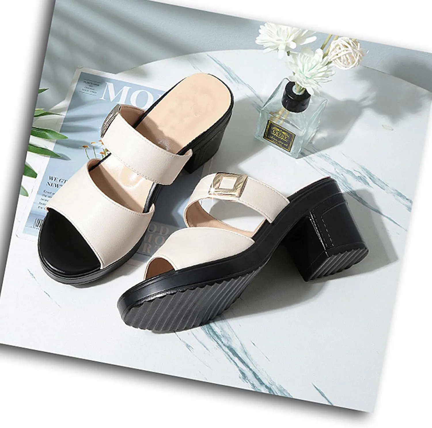 Women's Leather Fish Mouth Chunky High Heels Slippers Summer Fashion Wide Strap Open Toe Comfortable Breathable Slip On Metal Buckle Decor Wedge Dress High Heeled Sandals
