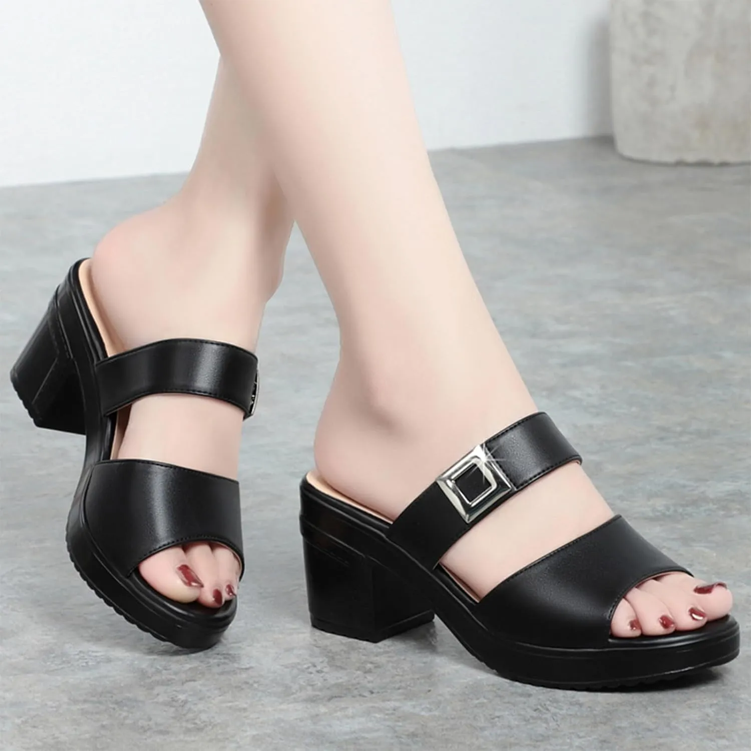 Women's Leather Fish Mouth Chunky High Heels Slippers Summer Fashion Wide Strap Open Toe Comfortable Breathable Slip On Metal Buckle Decor Wedge Dress High Heeled Sandals