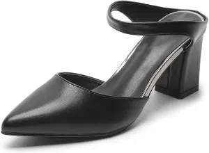 Women'S Leather Pointed Closed Toe Block Heel Mules Fashion Casual Slip On Comfort Cutout Backless Heeled Dress Slide Sandals For Office Party Wedding Prom Daily Wear