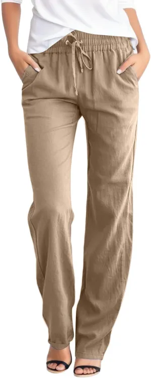 Women's Linen Blend Summer Boho Pant Trousers Elastic Waist Bootcut Slim Fit Pant Trousers Vacation