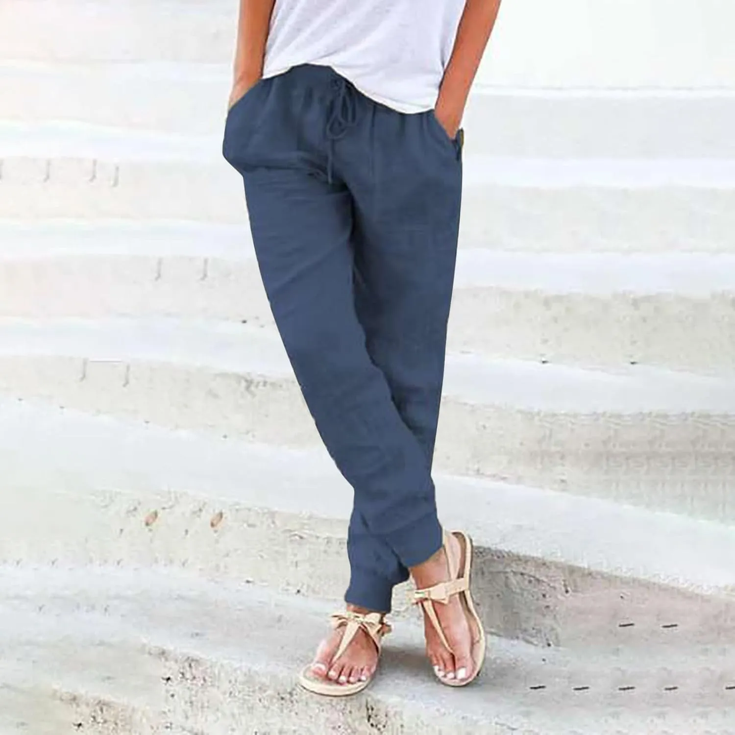 Women's Linen Blend Summer Cropped Pants Low Waist Wide Leg Slim Fit Palazzo Lounge Pants Vacation