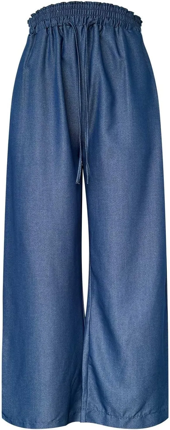 Women's Linen Blend Summer Y2K Streetwear Pants Elastic Waisted Straight Plus Size Palazzo Pants Work Business