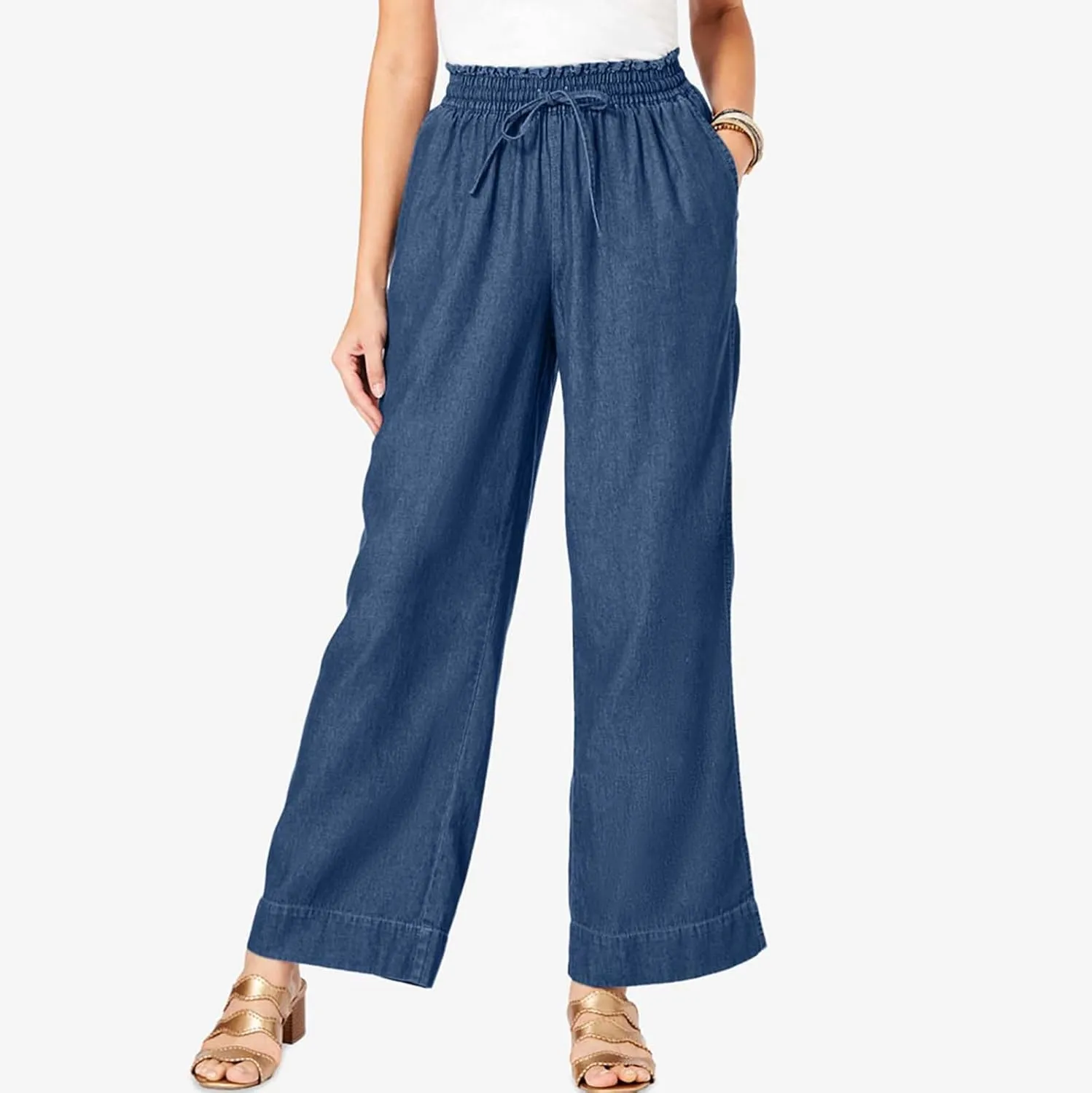 Women's Linen Blend Summer Y2K Streetwear Pants Elastic Waisted Straight Plus Size Palazzo Pants Work Business