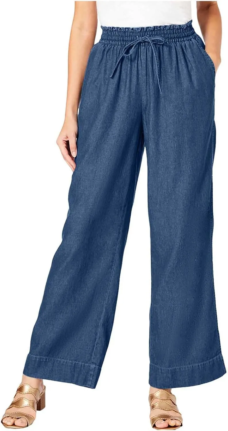 Women's Linen Blend Summer Y2K Streetwear Pants Elastic Waisted Straight Plus Size Palazzo Pants Work Business