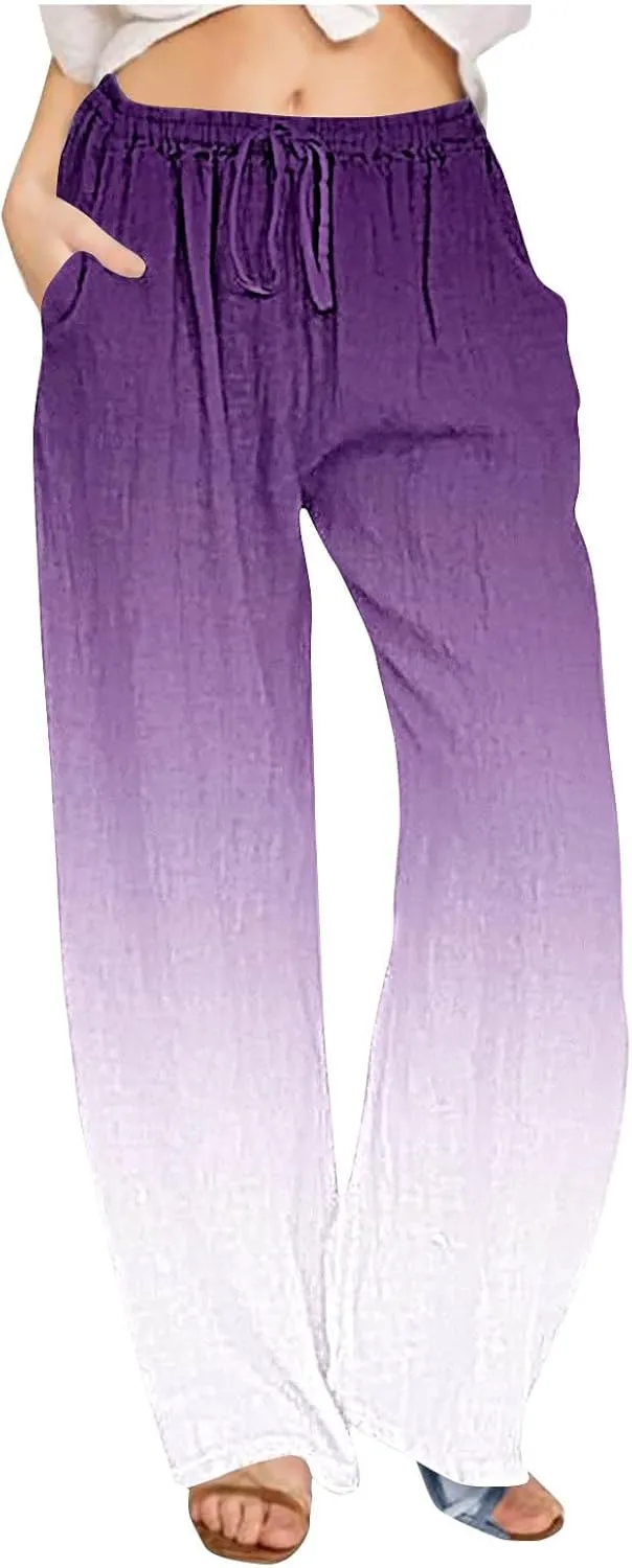 Womens Linen Pants with Pockets Gradient Drawstring Loose Fit Summer Palazzo Pants Casual Lightweight Loose Trousers