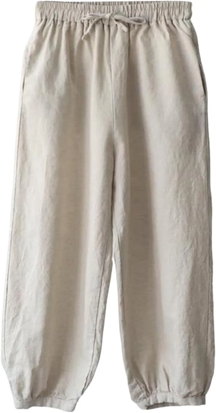 Women's Linen Summer Print Palazzo Lounge Pants Elastic Waisted Bootcut Plus Size Trousers Business Work