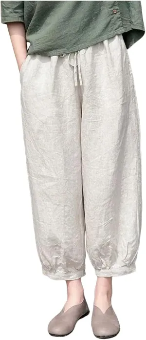 Women's Linen Summer Print Palazzo Lounge Pants Elastic Waisted Bootcut Plus Size Trousers Business Work