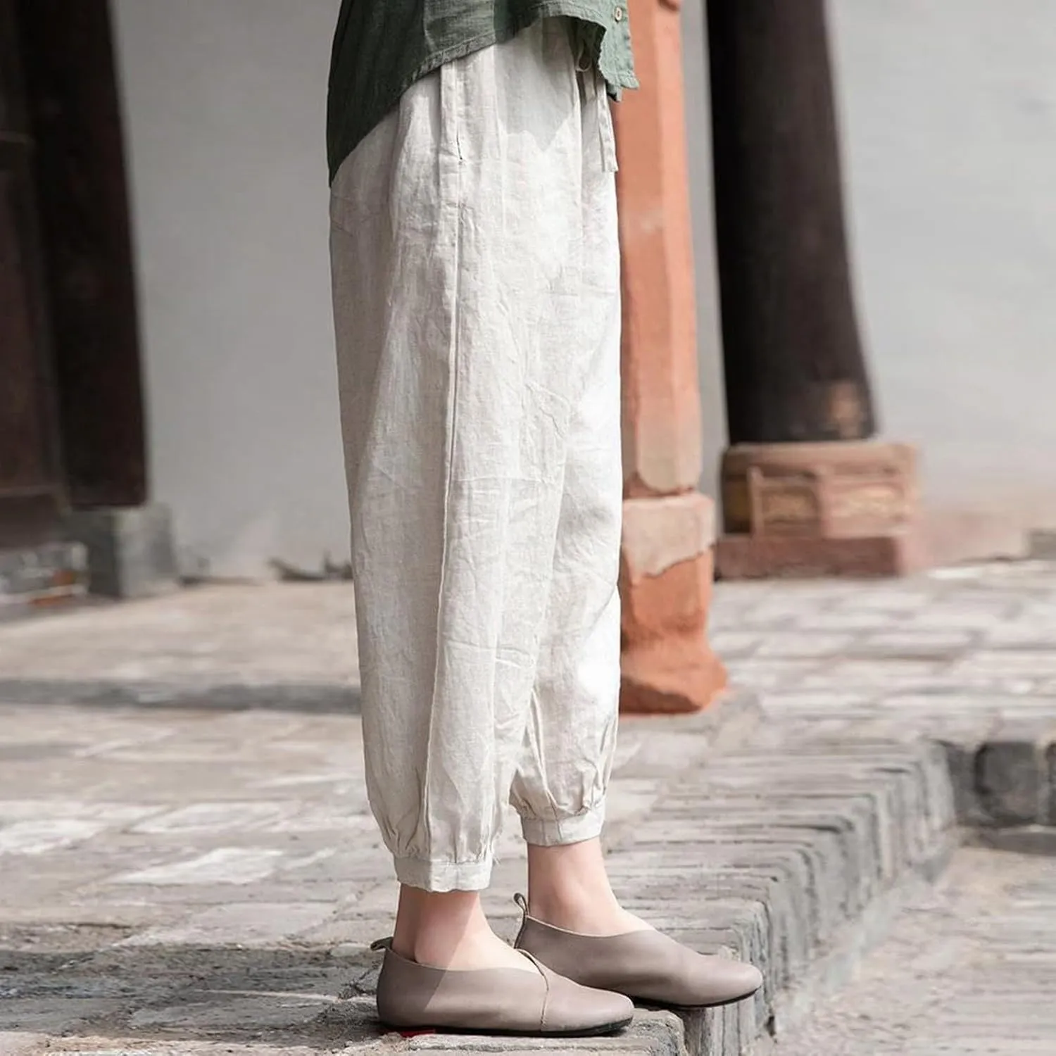 Women's Linen Summer Print Palazzo Lounge Pants Elastic Waisted Bootcut Plus Size Trousers Business Work