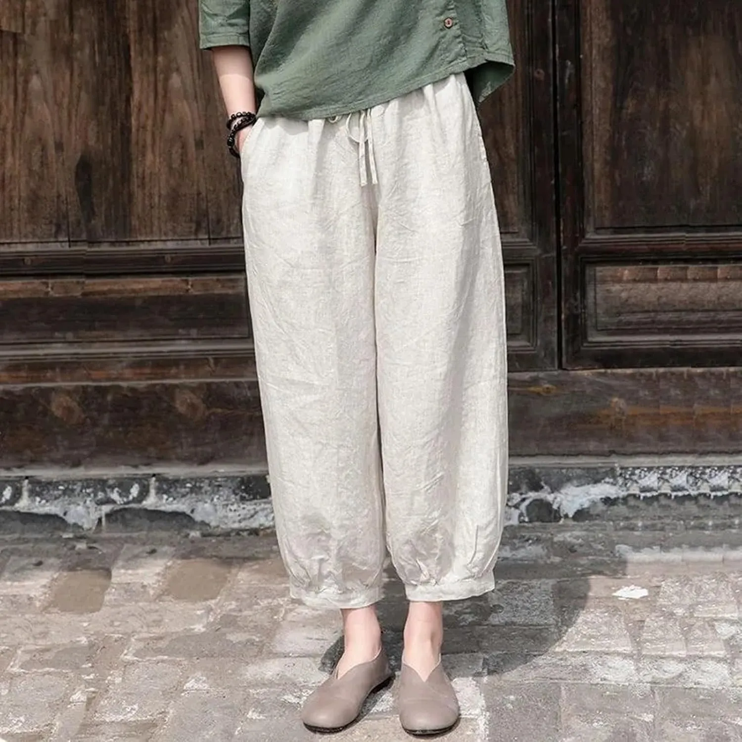 Women's Linen Summer Print Palazzo Lounge Pants Elastic Waisted Bootcut Plus Size Trousers Business Work