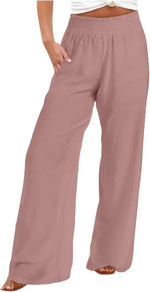 Women's Linen Wide Leg Pants Summer Boho High Waist Palazzo Lounge Pant Trousers Elastic Waist Beach Travel Outfits