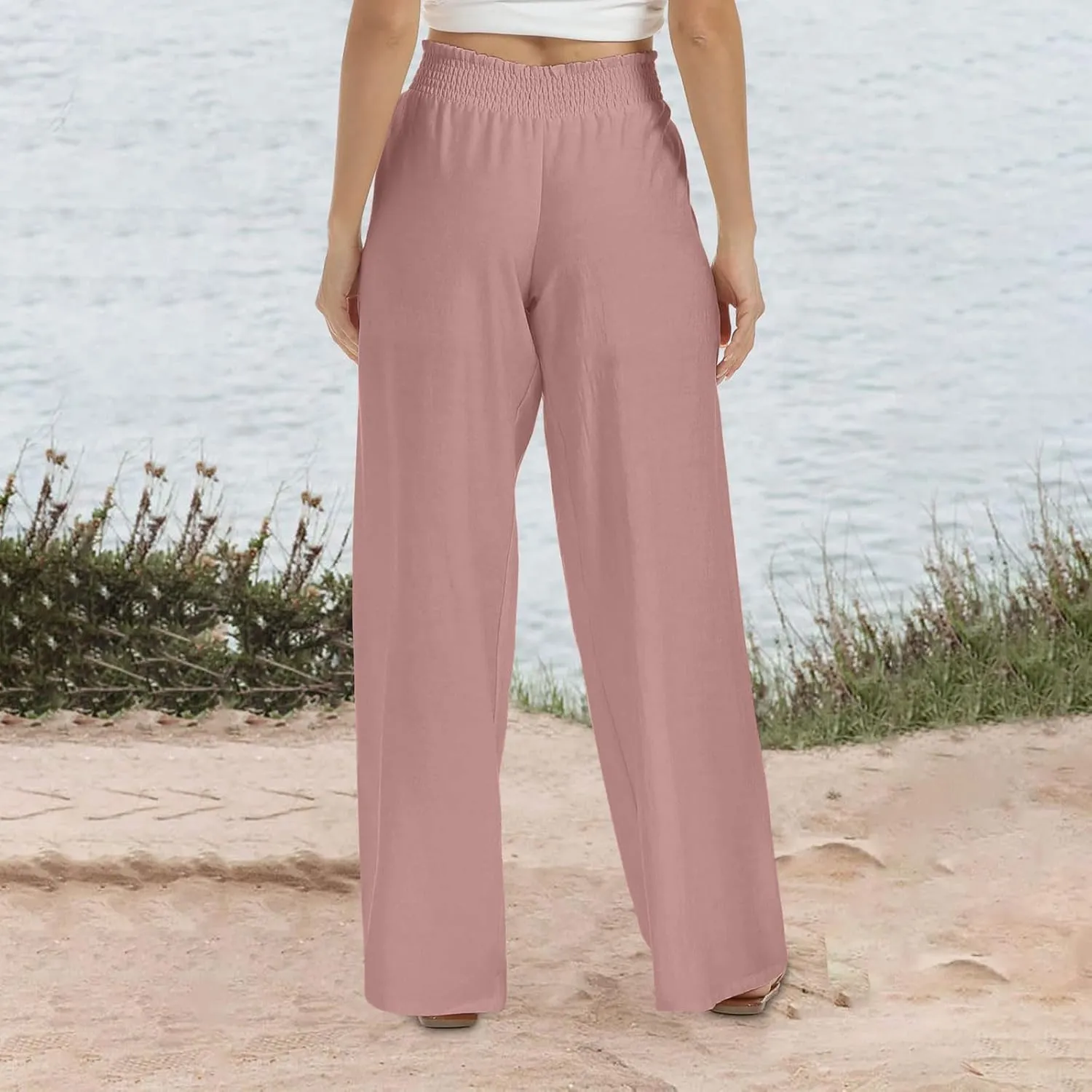 Women's Linen Wide Leg Pants Summer Boho High Waist Palazzo Lounge Pant Trousers Elastic Waist Beach Travel Outfits